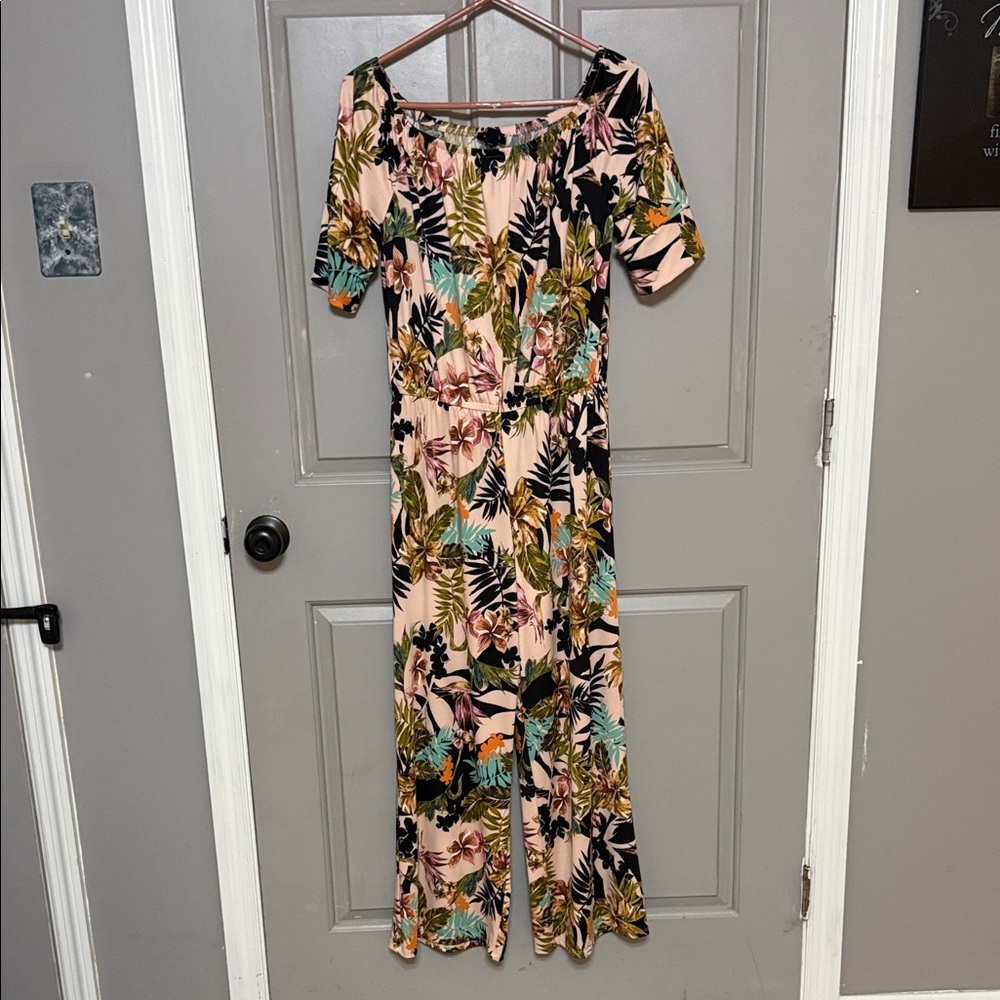 Tacera Pink Tropical Floral Off-Shoulder Wide-Leg Jumpsuit